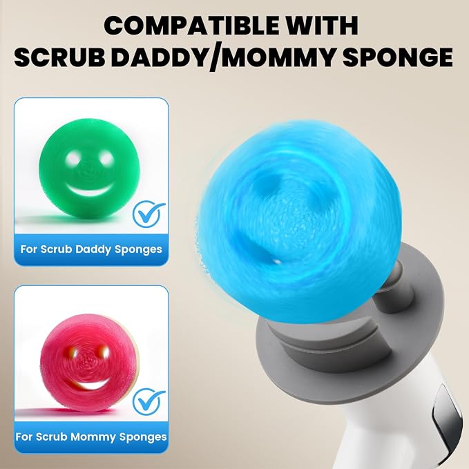 Electric Spin Scrubber for Scrub Daddy/Mommy, Goldusk 2-Speed Power Cleaning Brush with Digital Display 4 Replacement Brush Heads, Smiley Sponge Wand Handle Dish Wand for Sink/Griddle/Stove/Tub/Tile