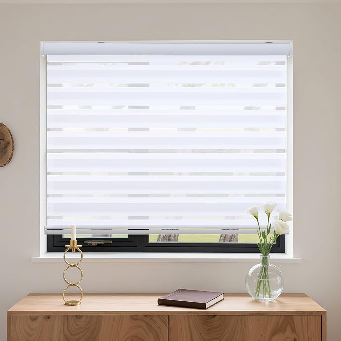 MYshade Cordless Zebra Blinds with Free-Stop Function - Dual Layer Light Filtering & Privacy Sheer Shades for Day and Night - Easy Install Window Shades for Home, Living Room, 34.5" W*72" H,White