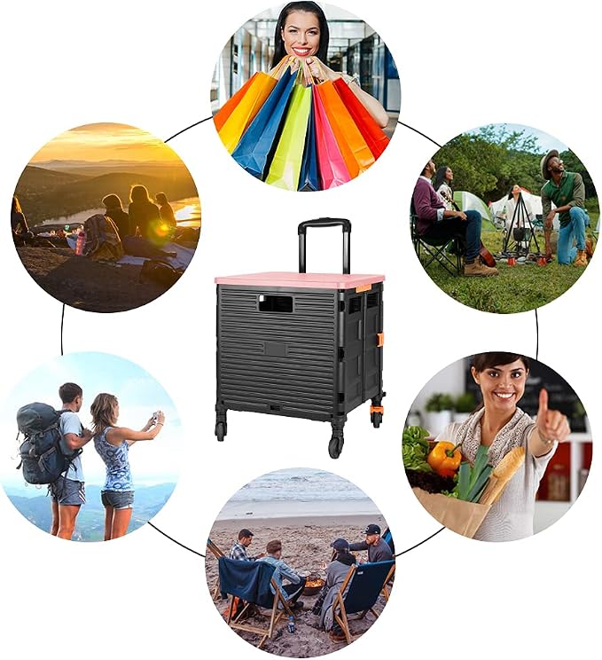 FELICON SELORSS Foldable Utility Cart Folding Portable Rolling Crate Handcart with Heavy Duty Telescoping Handle Collapsible 4 Rotate Wheels for Travel Shopping Move Luggage Office Use(Black+Pink)