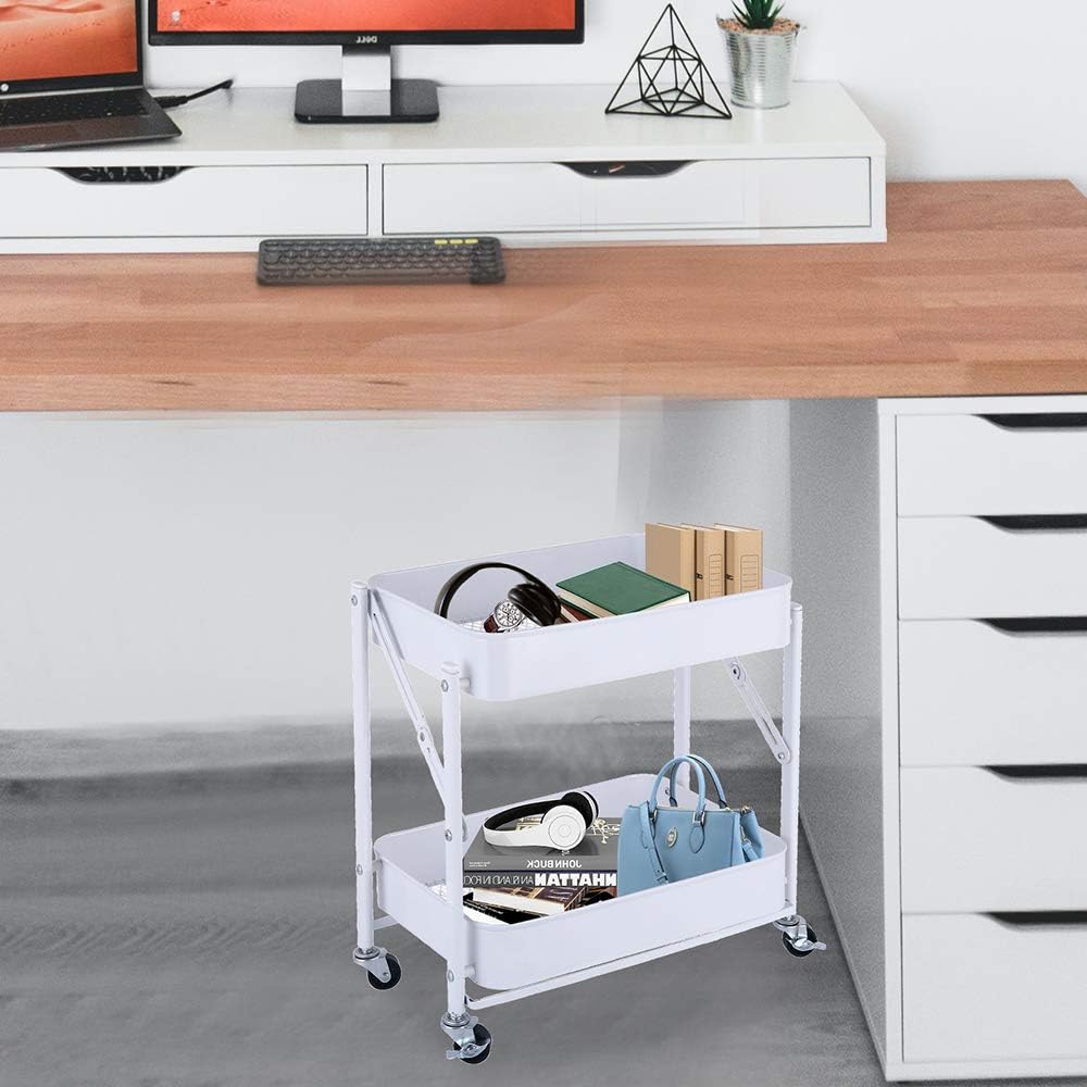 Melody House 2-Tier Metal Folding Rolling Cart, Mobile Utility Cart Trolley Storage Organizer for Office Home Kitchen Organization, Sofa Side End Table with Wheels, White
