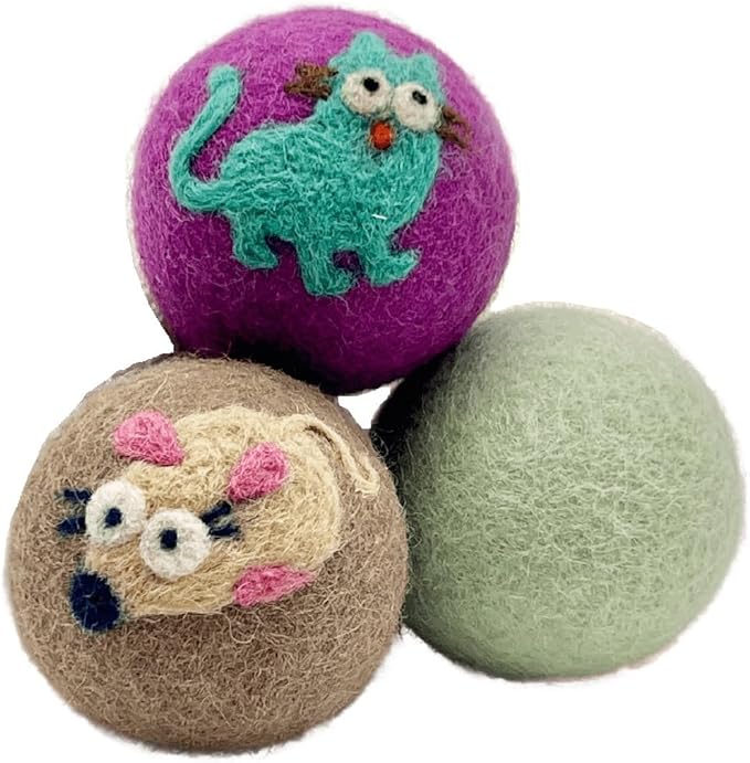 Hustle & Blush Wool Felt Balls 6 Pack, Love Ewe Pet Supplies - 2 inch Felted Wool Cat Toys Mouse and Duck & Bunny, 100% New Zealand Wools Felt Cat Toys Handmade Wools Felts Balls, Cats Felts