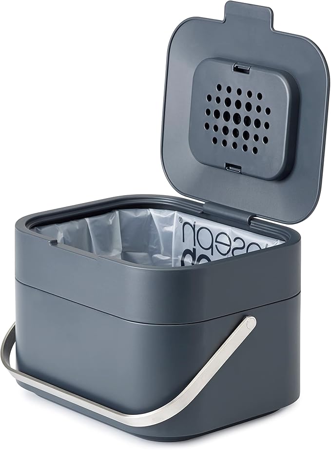 Joseph Joseph Stack 4 Liter/1 Gallon Food Waste Caddy with Odour Filter, Graphite & Joseph Joseph IW2 Biodegradable, Compostable Bags, Pack of 50 Food Waste Bin Liners (4 Liter), White