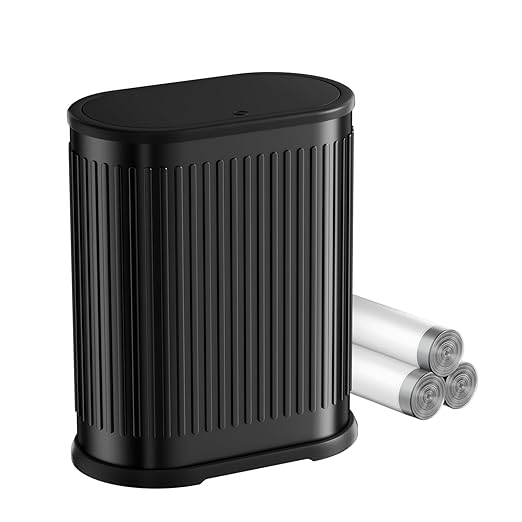 1.8 Gallon Bathroom Trash Can with Lid, Small Black Stainless Steel Press Top Garbage Can, Removable Inner Bucket, Includes 60 Trash Bags