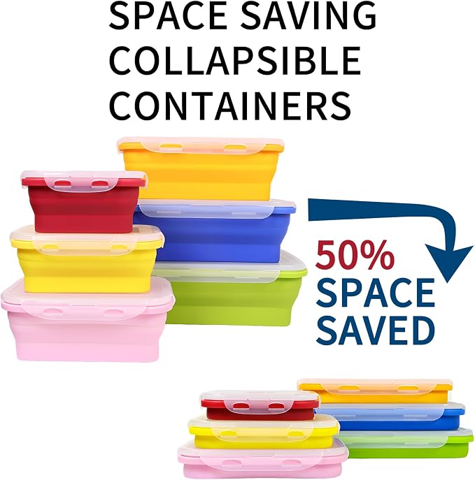 Set of 6 Collapsible Silicone Food Storage Containers With Lids, Durable, Meal Prep Foldable Bento Lunch Boxes for Kitchen, Camping, Microwave,Dishwasher and Freezer Safe, BPA Free