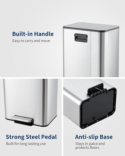 GarveeHome 4 Gallon Small Trash Can, Rectangular Stainless Steel Waste Bin with Quiet Foot Pedal, Soft-Close Lid & Removable Bucket, Space-Saving Design Garbage Can for Bedroom, Living Room, Silver