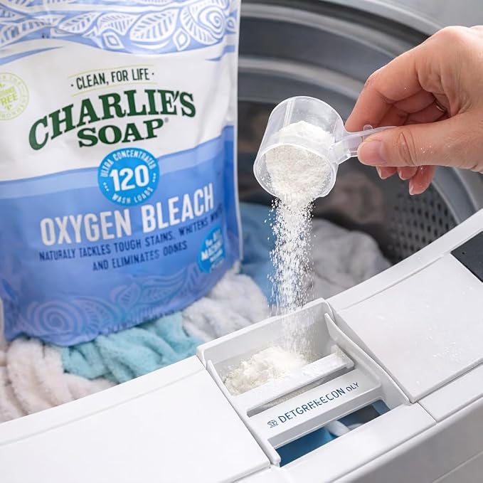 Charlie’s Soap Laundry Essentials Variety Pack – Oxygen Bleach (4 lb) + Laundry Powder Detergent (300 Loads) – Natural Laundry Booster for Stains, Odors & Bright Whites – Fragrance Free,