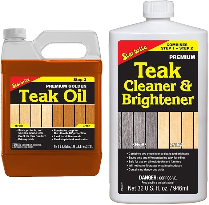 STAR BRITE Premium Golden Teak Oil - Sealer, Preserver & Finish for Outdoor Teak & Other Fine Woods - Step 3-1 GAL (085100) & One Step Teak Cleaner & Brightener - 32 OZ (094932), White