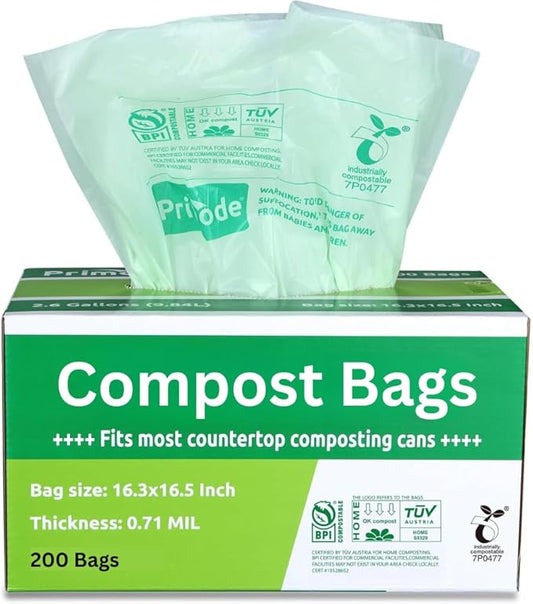 Compost Bags, Compostable Trash Bags 2.6 Gallon Compostable Bags, Small Compost Bags for Countertop bin Extra Thick 0.71 Mil. ASTM D6400 Certified By BPI and TÜV AUSTRIA (2.6 Gallon, 200 Units)