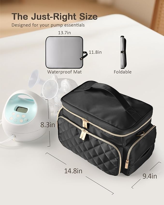 Breast Pump Bag Kit for Spectra S1/S2, Pumping Bag with Bottle Brush Set, 10 Flange Inserts for 24mm Flange, Nipple Ruler, Waterproof Mat, Pump Carrying Case for Work, Travel, Black
