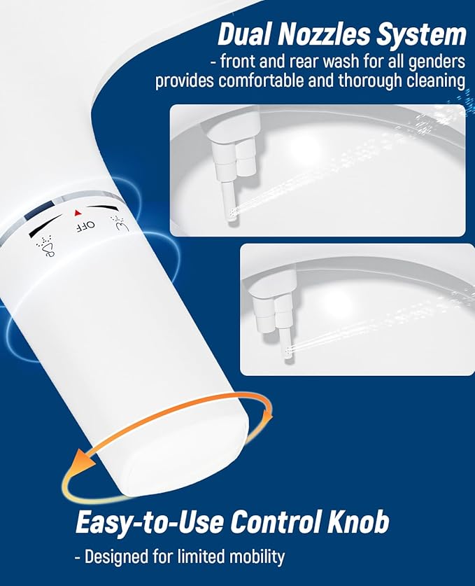 SAMODRA Elongated Bidet Toilet Seat with Soft Close Lid - Non-Electric Dual Nozzle System, Quick-Release for Easy Installation & Clean