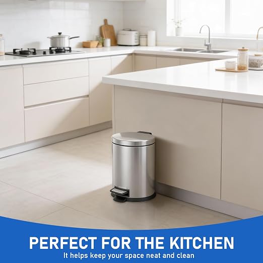 SIMPLYKLEEN Bathroom Trash Can with Lid - 2PC 1.3 Gallon/5L Oval Small Trash Can with Soft-Close Lid, Foot Pedal, Brushed Stainless Steel, Removable Liner, Garbage can for Kitchen, Office, Home Silver