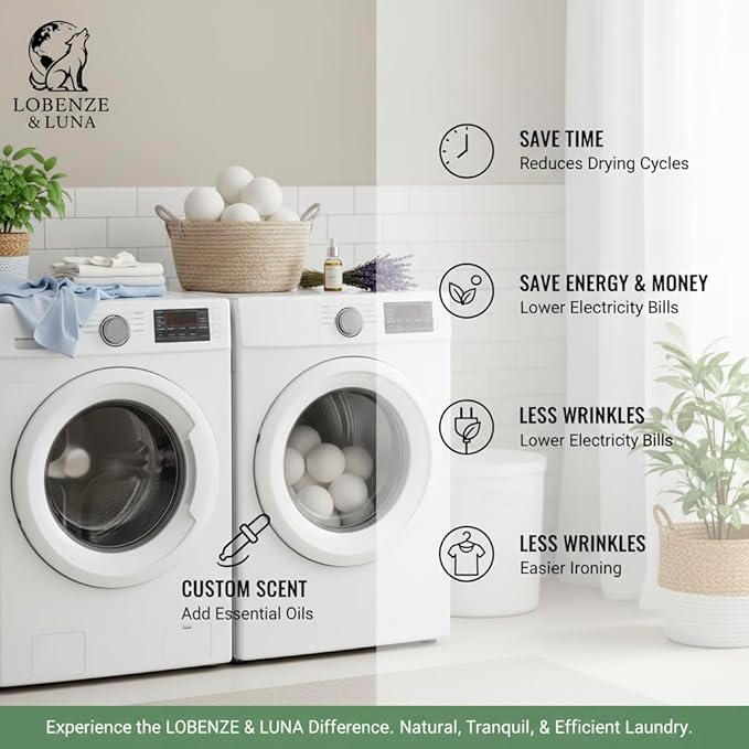 Lobenze & Luna Wool Dryer Balls, Pack of 6 XL, 100% Premium New Zealand Wool, Reusable Eco-Friendly Laundry Balls, Helps Reduce Wrinkles & Static, Helps Shorten Drying Time
