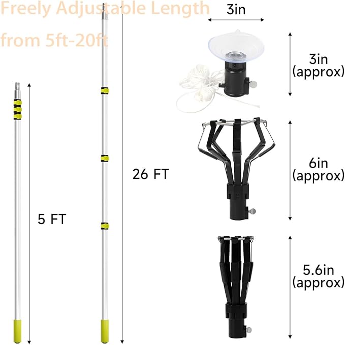 28FT Reach Light Bulb Changer for High Ceilings with Pole & Duster, 5-20FT Telescopic Extension Pole High Ceiling Light Bulb Changer Pole with Baskets Suction Cup for Recessed Lights