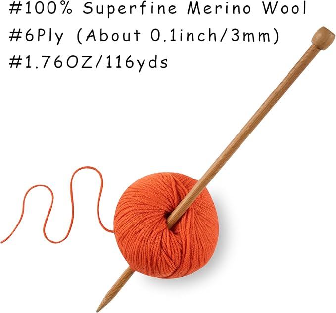 100% Merino Wool Yarn, 6-Ply Luxurious and Soft Yarn for Hand Knitting & Crocheting, 1.76 OZ/50g, 127 yds/116 Meters(Brick Orange, 3 Balls)