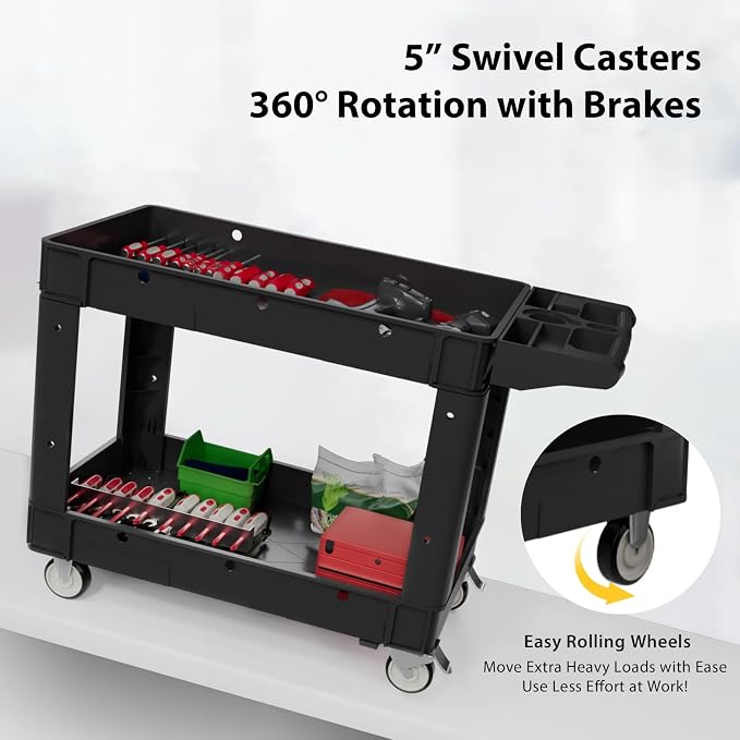 Our Modern Space Commercial Grade 2 Shelf Utility Cart with Wheels - Rolling Tool Trolley, Heavy Duty Service Push Cart for Business Warehouse Office Restaurants Ecommerce Garage