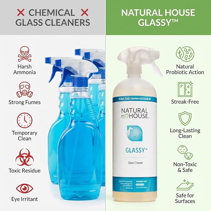 Natural House Glassy - Plant-Based Glass Cleaner Spray - Streak-Free Multi-Surface Formula - Septic-Safe, Plumbing-Friendly - Citrus Mint Scent - 32 oz