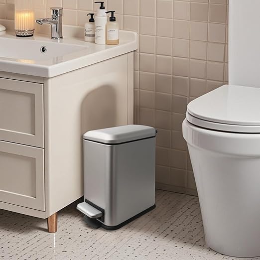 5 Liter / 1.3 Gallon Trash Can with Removable Liner, Soft Close lid & Step Pedal, Stainless Steel Trash Bin for Bathroom,Bedroom,Home Office,Grey