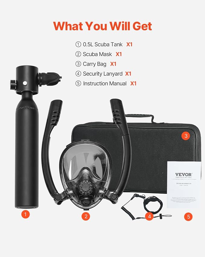 VEVOR Scuba Tank, 0.5L Portable Scuba Diving Tank, Diving Oxygen Cylinder Supports 5-10 Minutes Underwater Breathing, 98.43 ft Diving Depth, Lung Tank Kit with Snorkel Mask for Underwater Exploration