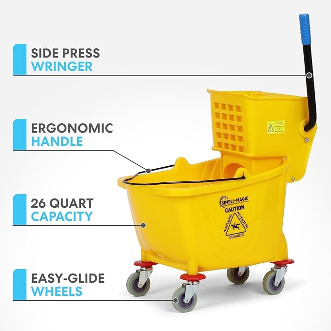SIMPLI-Magic Side Press Wringer Combo Commercial Mop Bucket on Wheels, 2-Pack, 35 Quart, Yellow, Including Wet Floor Caution Sign and Mop Set, Polyethylene