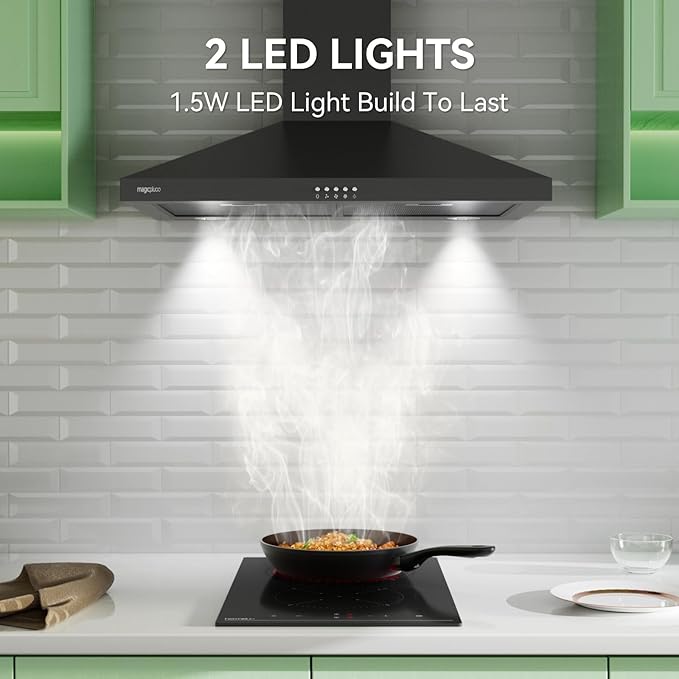 magicplux Wall Mount Range Hood 30 inch, 380 CFM Kitchen Hood With Ducted/Ductless Convertible, 3 Speed Exhaust Fan with LED light, Balck