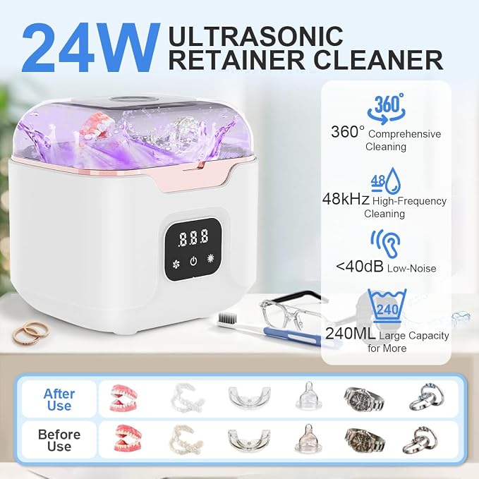 Ultrasonic Retainer Cleaner Machine, 48kHz Ultrasonic Dentures Cleaner with Timer & 4 Modes, 240ML Dental Pod for Mouth Guards, Braces, Aligner, Toothbrush, Jewelry, Makeup tool.