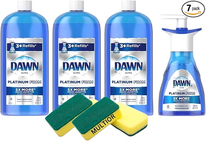 Scrub Sponges (3 Count) Compatible with Dawn Platinum Foam Refills, Fresh Rapids Scent (3 Refill Bottles 30.9 Fl Oz each) with 1 Foam Pump