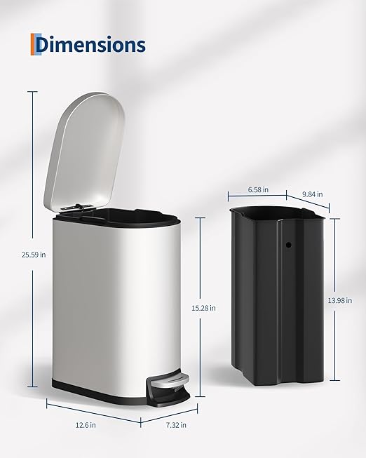 Garvee 2.6 Gallon / 10L Metal Bathroom Trash Can with Lid, Slim Step-On Bin with Soft-Close, Removable Inner Bucket & Rear Handle, Waterproof, White