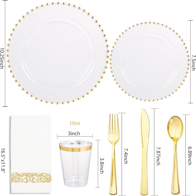 LIYH 350 Pcs Clear Gold Plastic Plates - Disposable Dinnerware Set Include Elegant Dinner & Dessert Plate Cups Gold Silverware for Birthday Party Wedding - Clear Gold 50 Guests