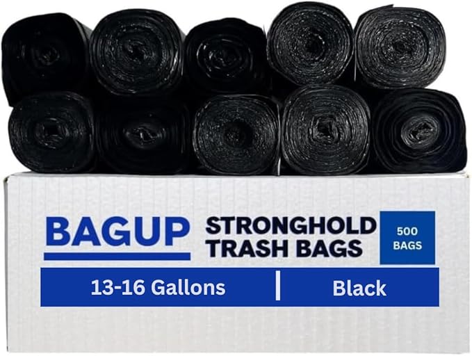 Bag Up 13 Gallon Everyday Use Trash Bags | 500 Count Bulk | Black | Garbage Bags | Bin Liners | for Domestic Use | Office Use | 13–16 Gallons | 24 x 33 Inches
