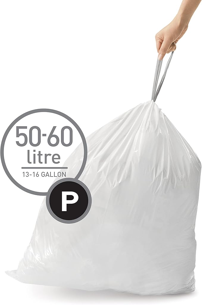 simplehuman Code P,Dispenser Pack Custom Fit Liners,Drawstring Trash Bags,50-60 Liter / 13-16 Gallon,White,100 Count (Pack of 2)