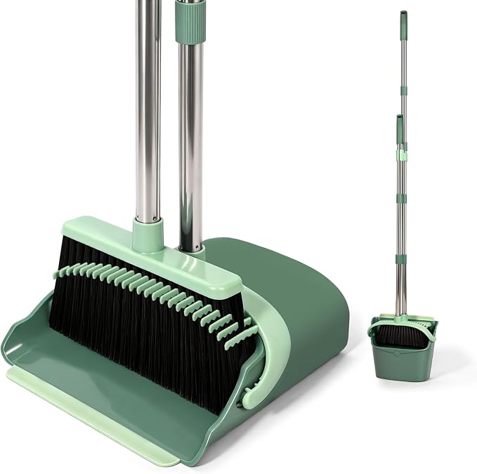 YZO Broom and Dustpan Set, 54.33 Inch Long Handle Standing Design, Dustpan Front Rubber Tight Seal, Broom with 5 Layer Bristles, Suitable for Living Room, Bedroom, Yard, Office and Apartment(Green)