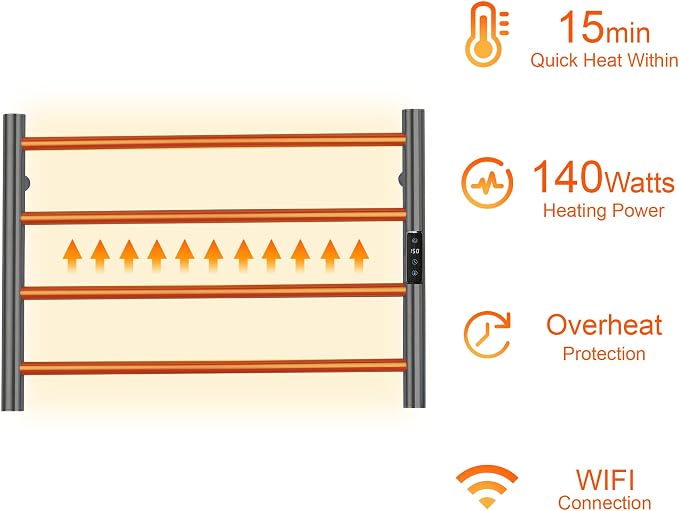 Electric Towel Rack with Voice Control for Alexa & Google Home,TUYA - Wall-Mounted Bathroom Heating Towel Warmer,Plug-in,Stainless Steel Material,16.54x23.62x5.51 in,Gunmetal Grey，4 Bars
