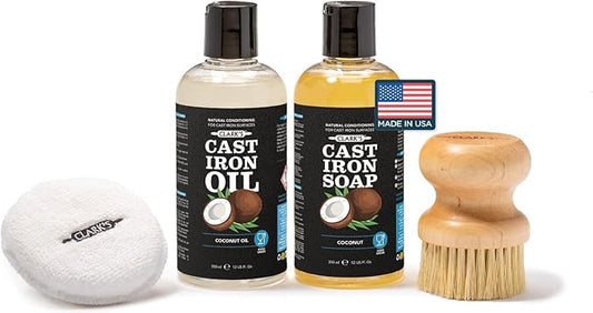 CLARK'S Cast Iron Cleaning Kit with Coconut Oil – Cast Iron Cleaner Set with Seasoning Oil, Soap, Scrub Brush, and Applicator Pad – Restore and Preserve Pan, Skillet, Grill, Dutch Oven, and Wok