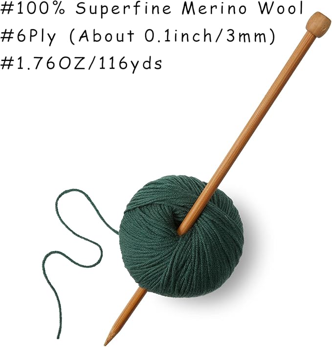100% Merino Wool Yarn, 6-Ply Luxurious and Soft Yarn for Hand Knitting & Crocheting, 1.76 OZ/50g, 127 yds/116 Meters (Green, 1 Ball)