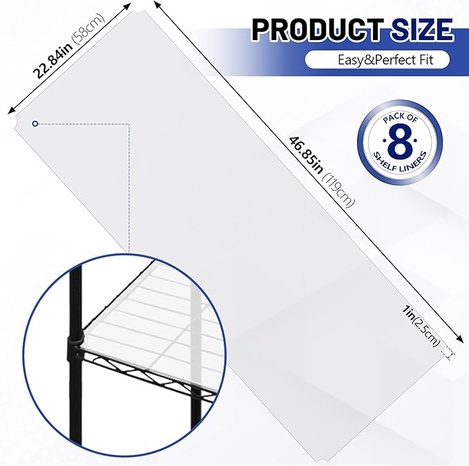 Sliner 8 Pack 24 x 48 Inch Wire Shelf Liner Clear Plastic Waterproof Liners for Organizing Metal Rack Shelves, Kitchen Cabinets, Cupboard, Pantry