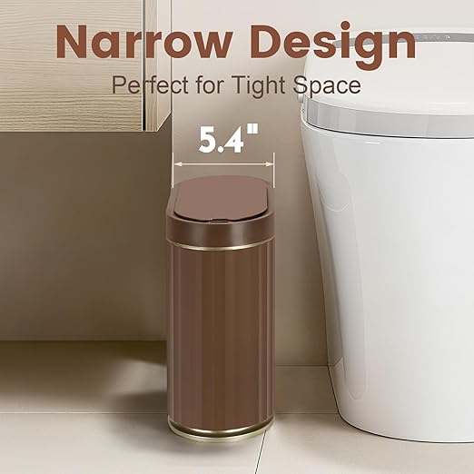 ELPHECO Bathroom Motion Sensor Trash can, 2 Gallon Automatic Garbage Can, Slim Plastic Smart Trash Can with Lid, Commercial Intelligent Trash Bin for Bedroom, Bathroom, Office, Brown Gold