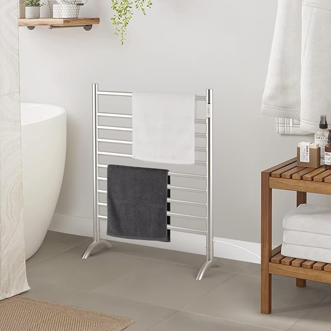 Freestanding Plug-in Towel Warmer 10-Bar Brushed Stainless Steel | Freestanding portable design for multi-scene use, ideal for bathroom, bedroom and living room.