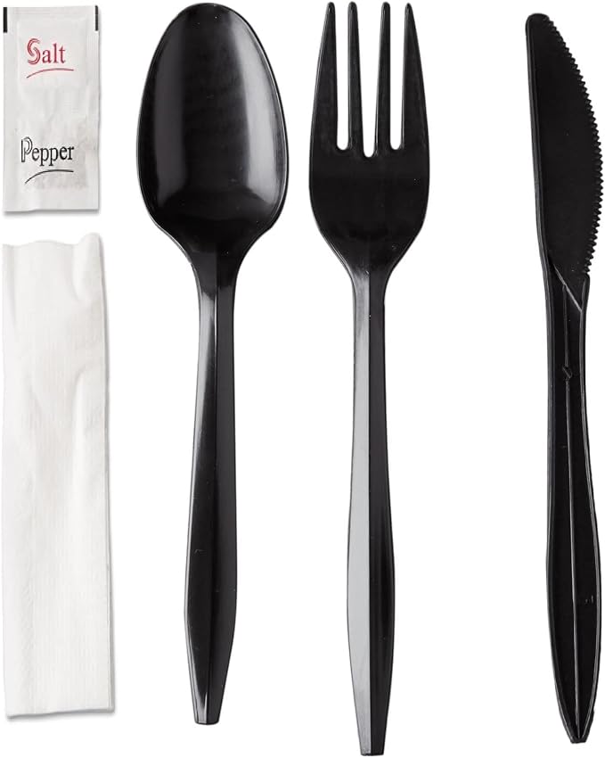 450 Plastic Cutlery Packets - Knife Fork Spoon Napkin Salt Pepper Sets | Black Silverware Sets Individually Wrapped Cutlery Kits, Bulk Plastic Utensil Cutlery Set Disposable To Go Silverware