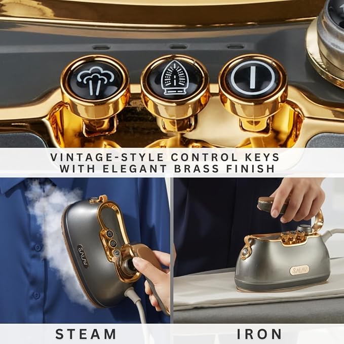 SALAV® Retro Edition Duopress Handheld Garment Steamer & Iron, Ceramic Plate, 1000W, No Drip Steam, Vertical & Horizontal Steam, Titanium - Removes Wrinkles & Refreshes Clothes, Vintage Style