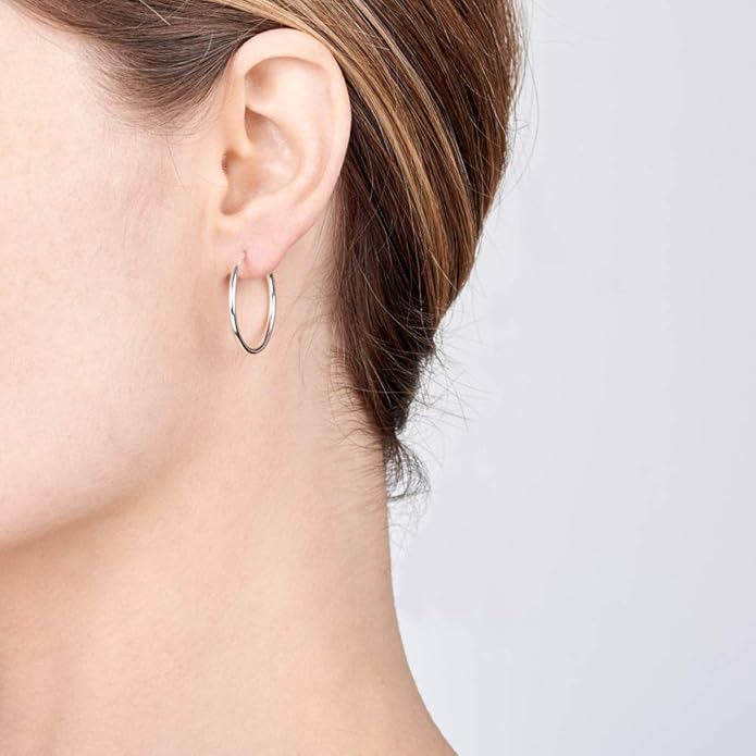 Amberta® 925 Sterling Silver Fine Circle Endless Hoops - Polished Round Sleeper Earrings Diameter Size: 20 30 40 60 75 mm