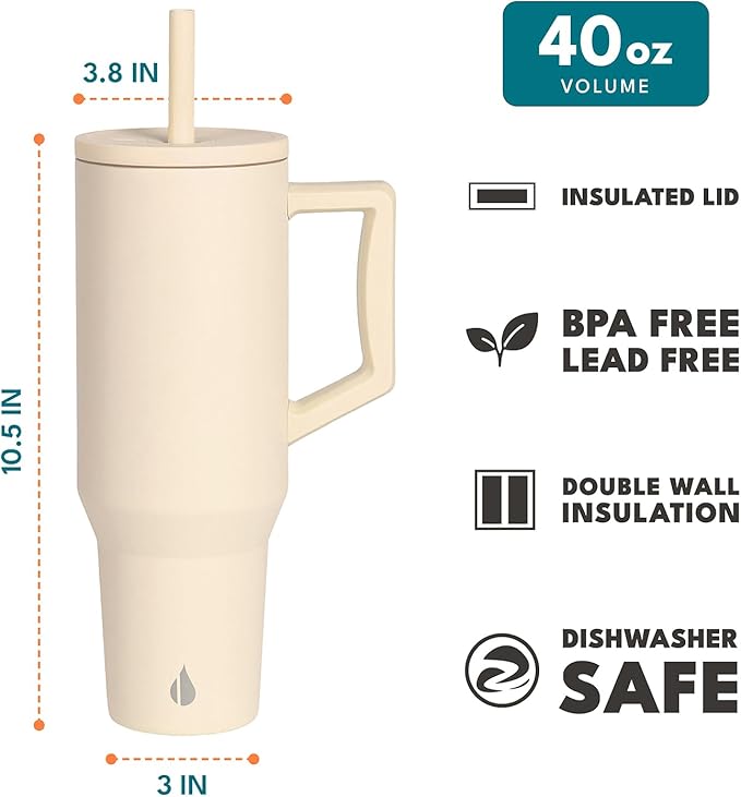 Elemental 40 oz Tumbler with Handle and Straw - Spill Proof Insulated Stainless Steel Commuter for Cold Beverages - Travel Coffee Mug with 2 Straws & Spill Proof Lid - 40oz - Beige