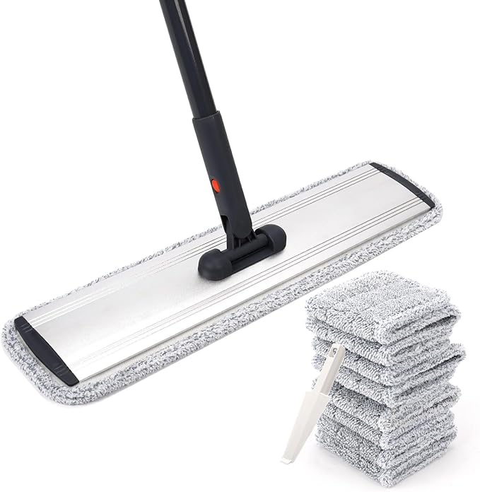 18" Microfiber Wet Mops Commercial mop Heavy Duty Flat with 4 Washable Pads | Static charged to attract hair,Deep Cleaning,Machine Washable,Versatile for All Floor Types,Pet-Friendly,Easy to Attach