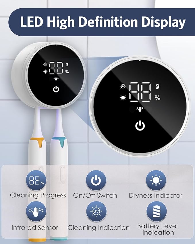 Upgraded UV Toothbrush Sanitizer Holder with Infrared Sensor & Heat Drying, Temracha Wall-Mounted Toothbrush Holder for the Bathroom, LED Smart Display, Fits Toothbrushes & Razor, Portable for Travel