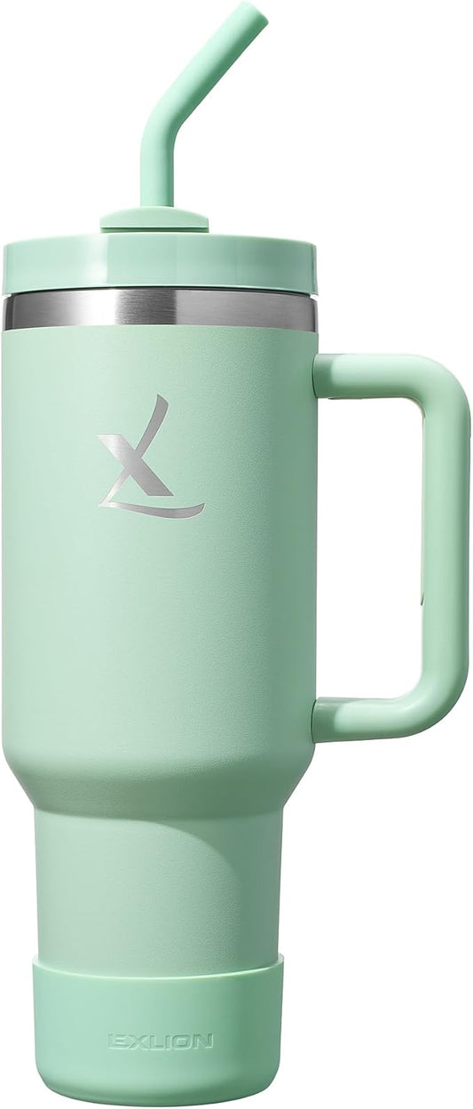 lexlion FlowOne Tumbler with Handle and Straw Lid– Insulated Stainless Steel Travel Mug – BPA-Free, Leakproof, Dishwasher Safe – Hot and Cold Drinkware – Car Cup Holder Fit (Sage Green, 40 Ounce)