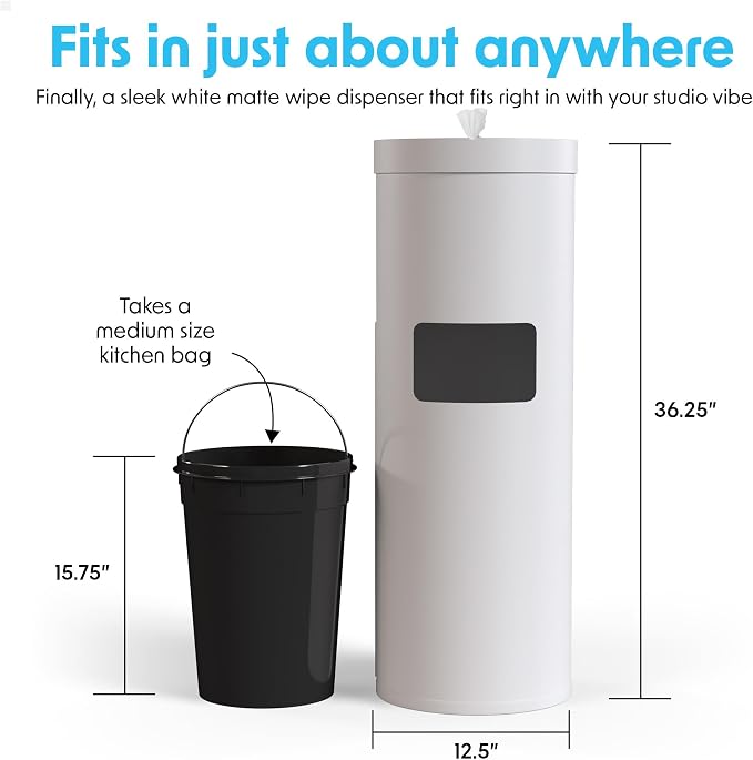 Wipex Gym Wipes Bundle: (1) Premium White Wipe Dispenser with Trash Bin - Stainless Steel and (1) 800ct Disinfecting Gym Wipes Refill Roll - Suitable Use for School, Office, Gym, and Public Venues