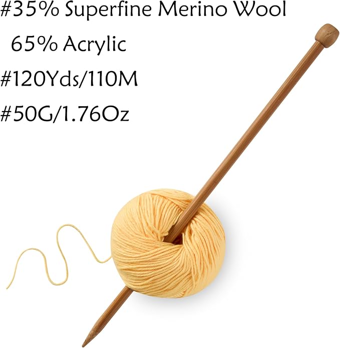 2 Balls Merino Wool Yarn, 12-Ply Luxurious and Soft Yarn for Hand Knitting & Crocheting, 1.76 OZ/50g, 120 yds/110 Meters(Yellow,2Balls)
