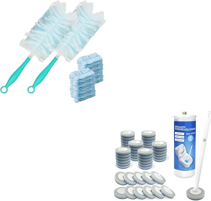 360° Heavy Duty Duster Refills for Swiffer,20 Count Duster Refills + Disposable Toilet Brush and Holder Set, Extended Handle with 48 Count Cleaner Refills