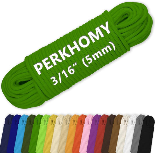 PerkHomy Cotton Rope 3/16" (5mm) 100 ft Multi Purpose Utility Diamond Braided Cord, Natural Cotton for Clothes Line Camping Crafting Flag Pole, Green