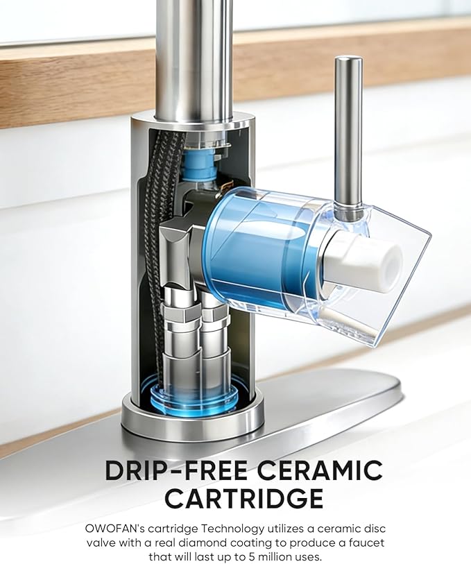 Kitchen Faucets, Brushed Nickel Kitchen Sink Faucet with Pull Down Sprayer Single Handle with Deck Plate Stainless Steel, Suitable for Farmhouse Camper Laundry Rv Bar - OWOFAN 9009SN