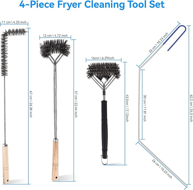 4-Piece Professional Deep Fryer Cleaning Kit - Commercial Stainless Steel Set with Dual-Layer Basket Brush, 3-in-1 Grill Scraper, L-Shape Brush & Drain Wand